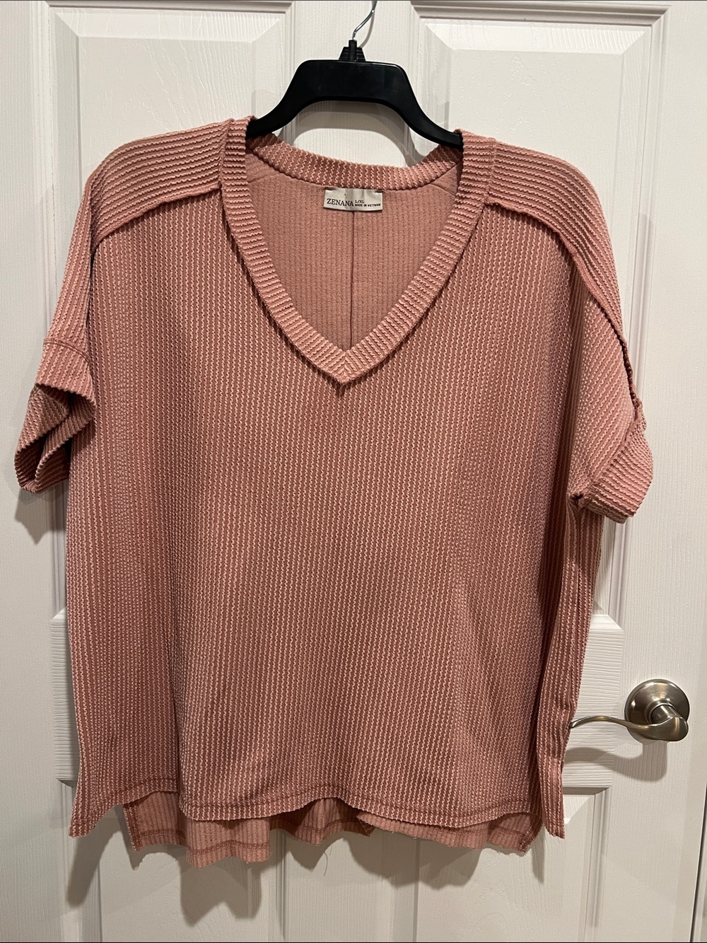 Zenana Outfitters Dusty Rose Waffle V-Neck Short Sleeve Top